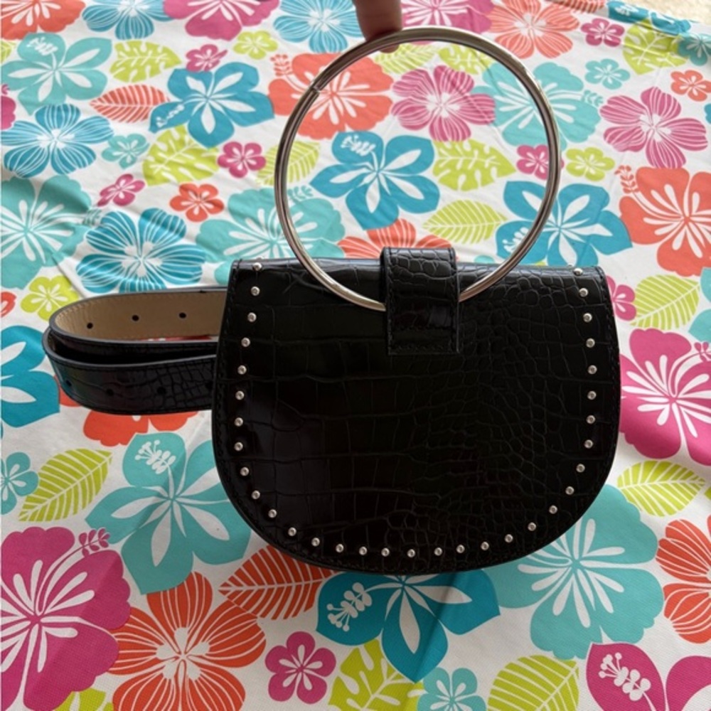 Croc-Embossed Black Mini Ring Handle Belt Bag